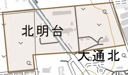 北明台とその周辺の地図。町の範囲を重ねている