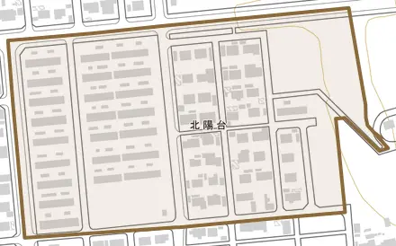 北陽台とその周辺の地図。町の範囲を重ねている