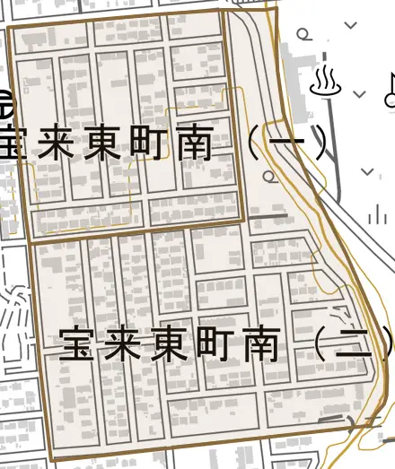 宝来東町南とその周辺の地図。町の範囲を重ねている
