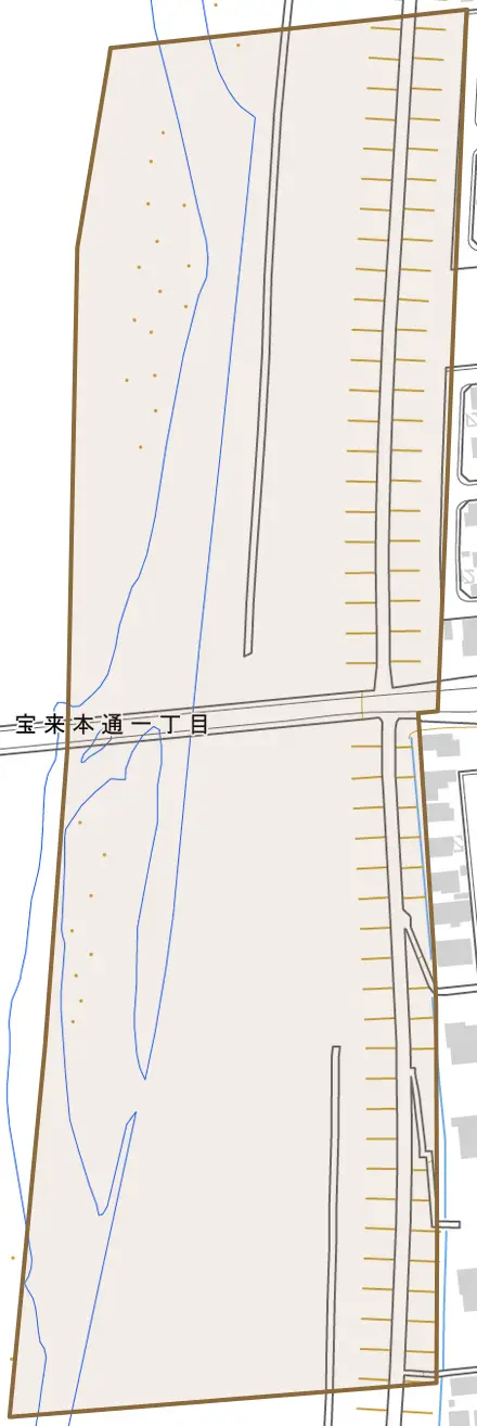 宝来本通とその周辺の地図。町の範囲を重ねている