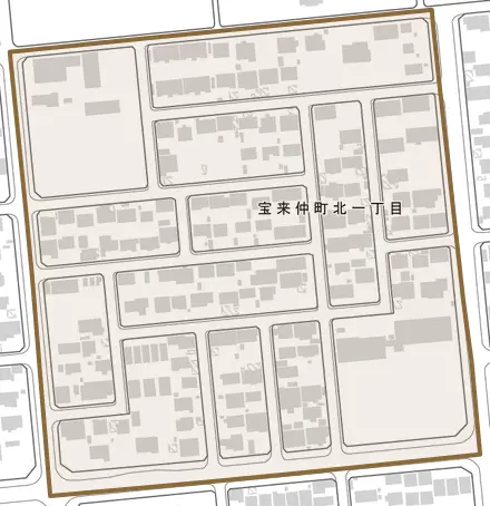 宝来仲町北とその周辺の地図。町の範囲を重ねている