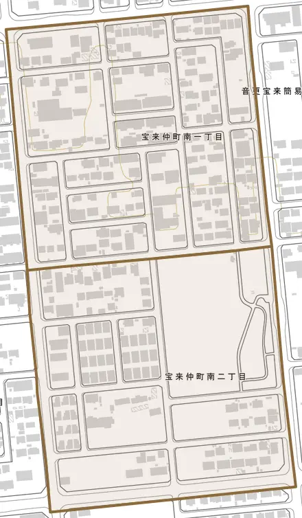 宝来仲町南とその周辺の地図。町の範囲を重ねている