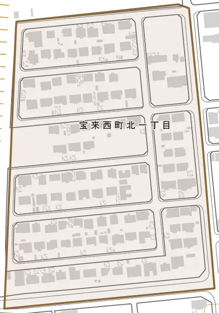 宝来西町北とその周辺の地図。町の範囲を重ねている