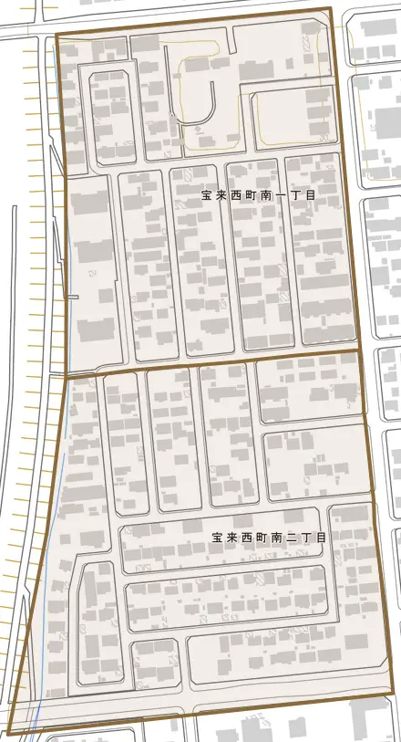 宝来西町南とその周辺の地図。町の範囲を重ねている