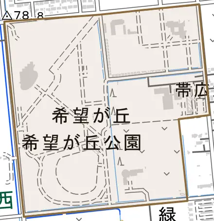 希望が丘とその周辺の地図。町の範囲を重ねている