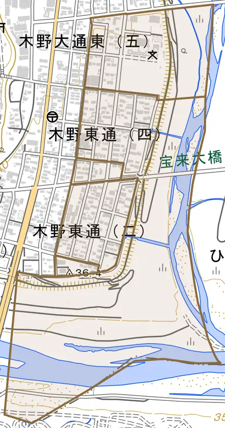 木野東通とその周辺の地図。町の範囲を重ねている
