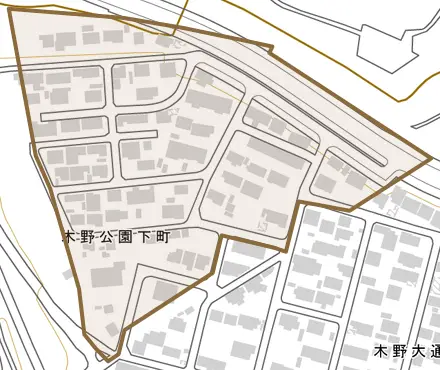 木野公園下町とその周辺の地図。町の範囲を重ねている