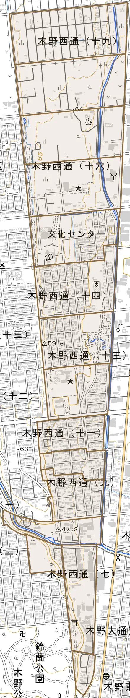 木野西通とその周辺の地図。町の範囲を重ねている