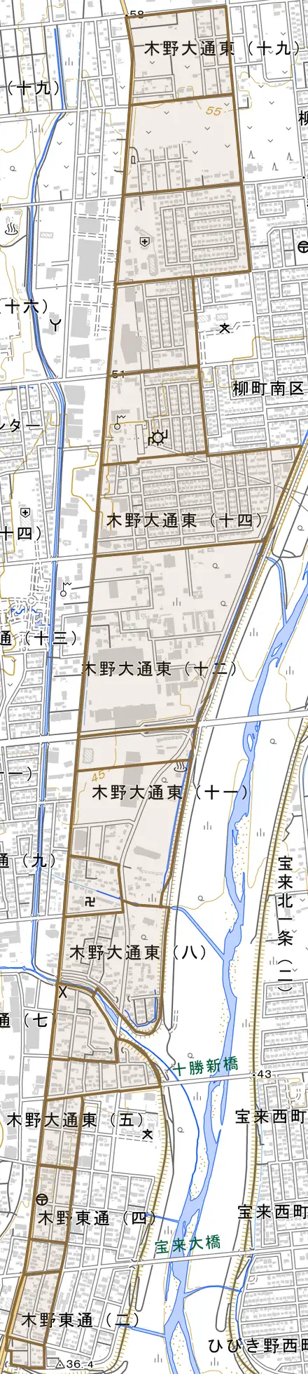 木野大通東とその周辺の地図。町の範囲を重ねている