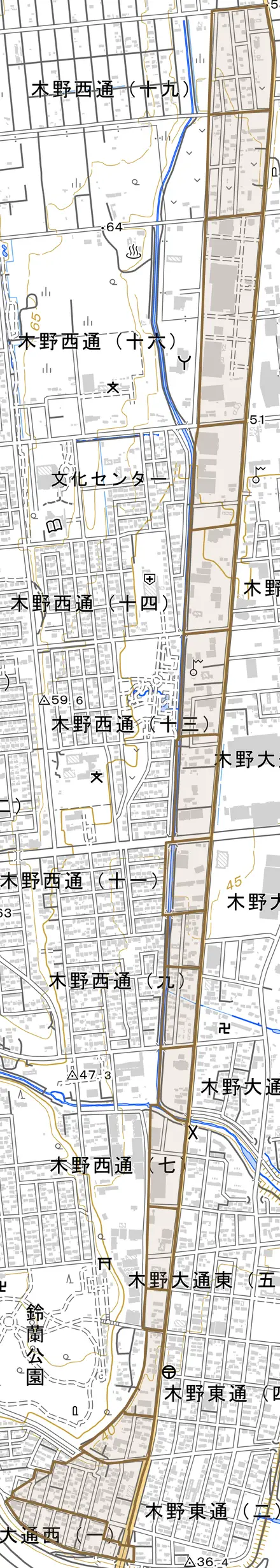 木野大通西とその周辺の地図。町の範囲を重ねている