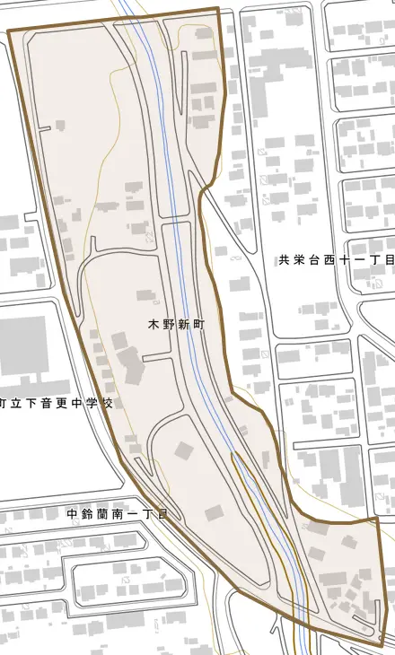 木野新町とその周辺の地図。町の範囲を重ねている