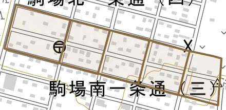 駒場本通とその周辺の地図。町の範囲を重ねている