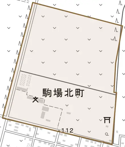 駒場北町とその周辺の地図。町の範囲を重ねている