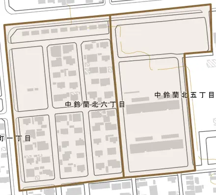 中鈴蘭北とその周辺の地図。町の範囲を重ねている