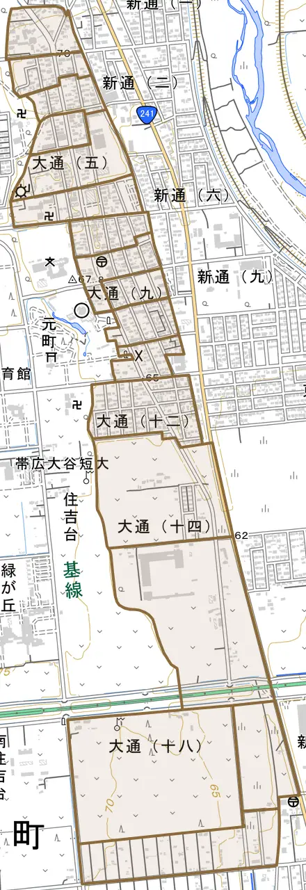 大通とその周辺の地図。町の範囲を重ねている