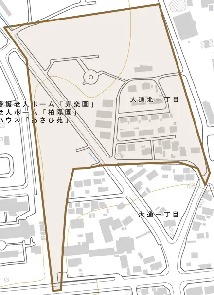 大通北とその周辺の地図。町の範囲を重ねている