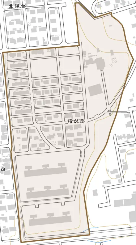 桜が丘とその周辺の地図。町の範囲を重ねている