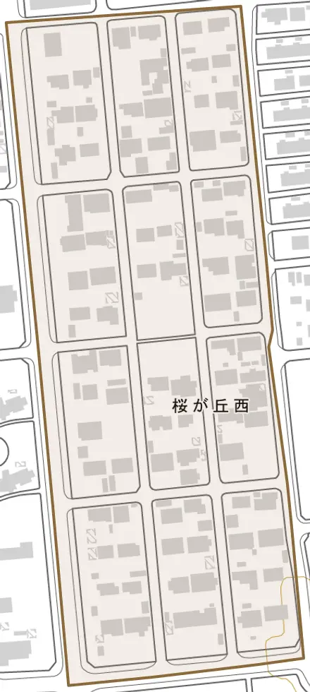 桜が丘西とその周辺の地図。町の範囲を重ねている