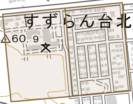 すずらん台北町とその周辺の地図。町の範囲を重ねている