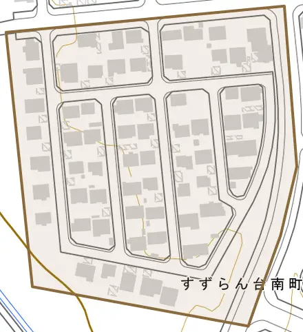 すずらん台南町とその周辺の地図。町の範囲を重ねている
