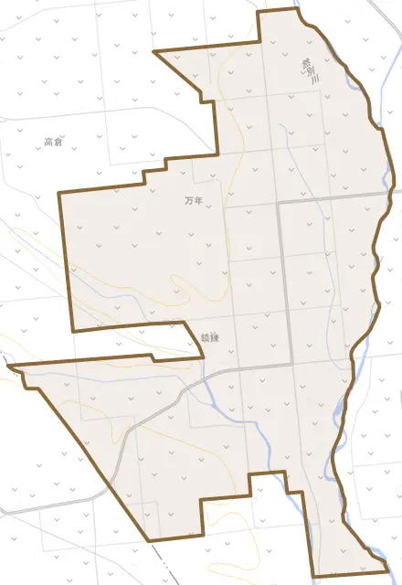 字万年とその周辺の地図。町の範囲を重ねている
