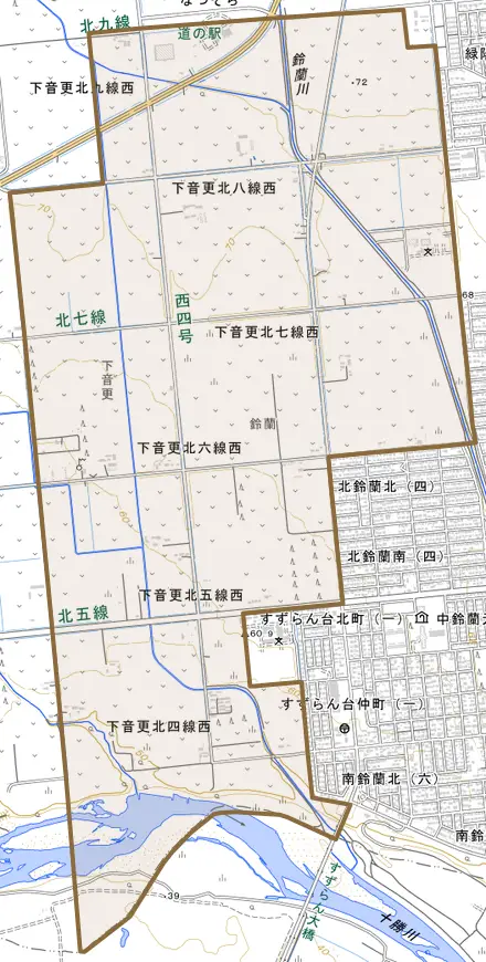 字下音更とその周辺の地図。町の範囲を重ねている