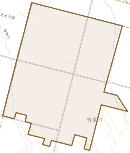 字西中音更とその周辺の地図。町の範囲を重ねている
