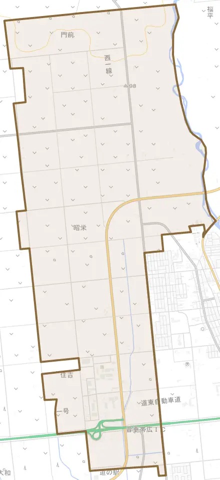 字音更とその周辺の地図。町の範囲を重ねている
