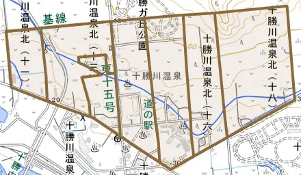 十勝川温泉北とその周辺の地図。町の範囲を重ねている