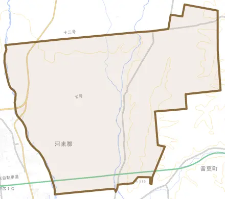 字東和とその周辺の地図。町の範囲を重ねている