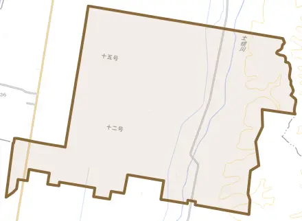 字豊田とその周辺の地図。町の範囲を重ねている