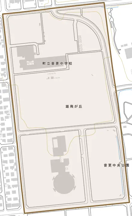 雄飛が丘とその周辺の地図。町の範囲を重ねている