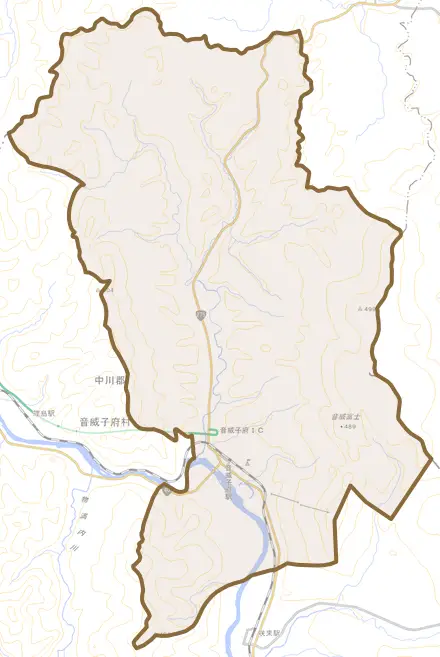 字音威子府とその周辺の地図。町の範囲を重ねている
