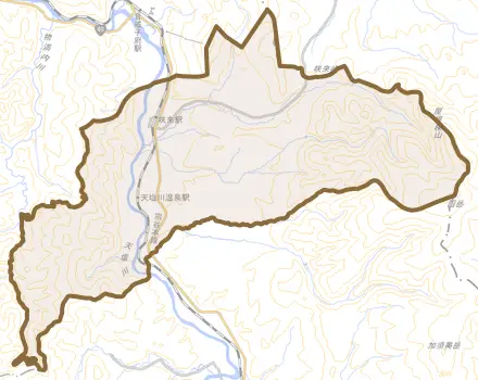 字咲来とその周辺の地図。町の範囲を重ねている