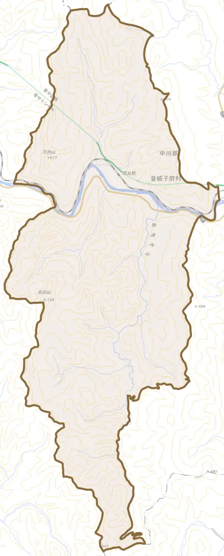 字物満内とその周辺の地図。町の範囲を重ねている