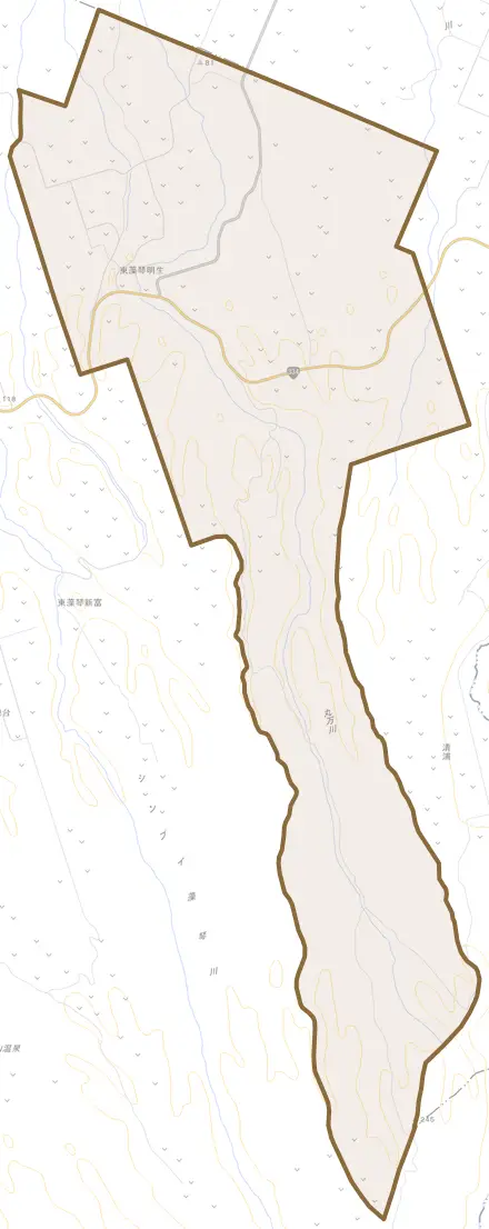 東藻琴明生とその周辺の地図。町の範囲を重ねている