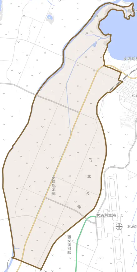 女満別本郷とその周辺の地図。町の範囲を重ねている