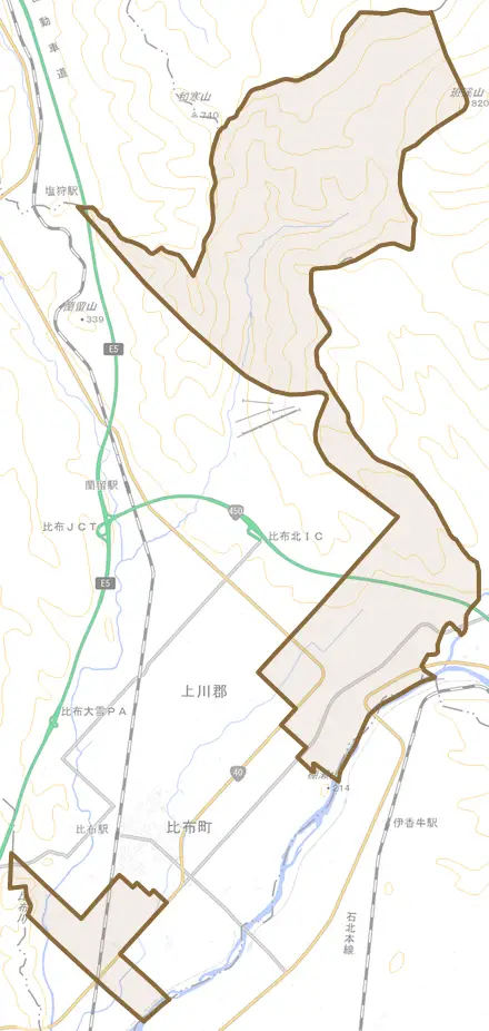 基線とその周辺の地図。町の範囲を重ねている