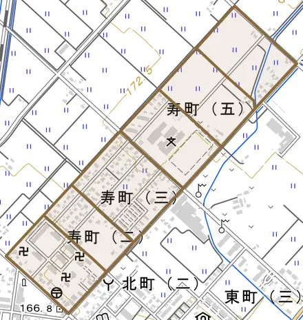 寿町とその周辺の地図。町の範囲を重ねている