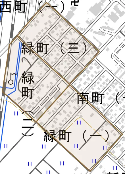 緑町とその周辺の地図。町の範囲を重ねている