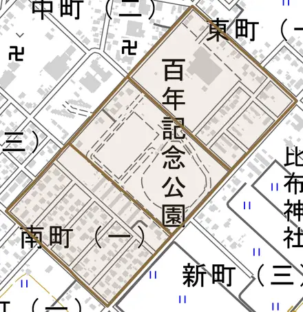 南町とその周辺の地図。町の範囲を重ねている