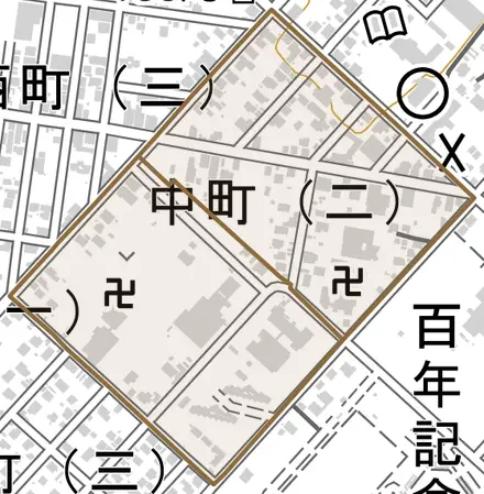 中町とその周辺の地図。町の範囲を重ねている