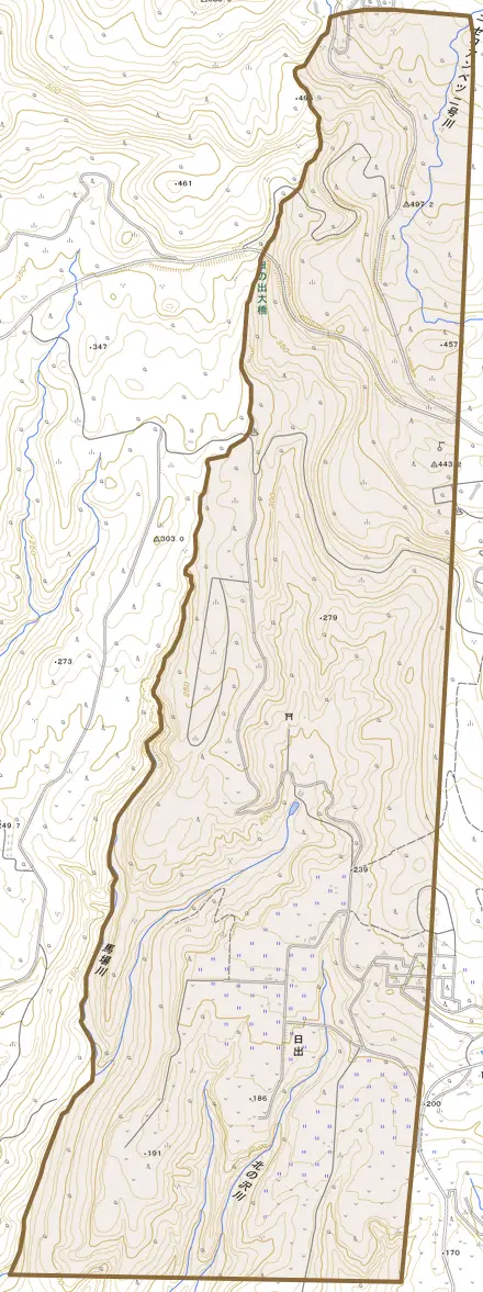 字日出とその周辺の地図。町の範囲を重ねている