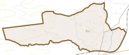 字貝川とその周辺の地図。町の範囲を重ねている