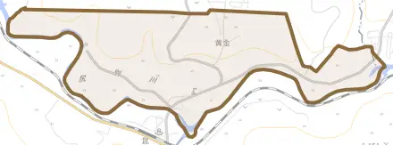 字黄金とその周辺の地図。町の範囲を重ねている