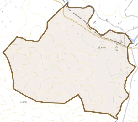 昆布町とその周辺の地図。町の範囲を重ねている