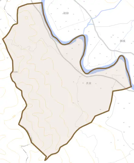 字共栄とその周辺の地図。町の範囲を重ねている