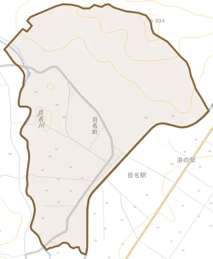 目名町とその周辺の地図。町の範囲を重ねている
