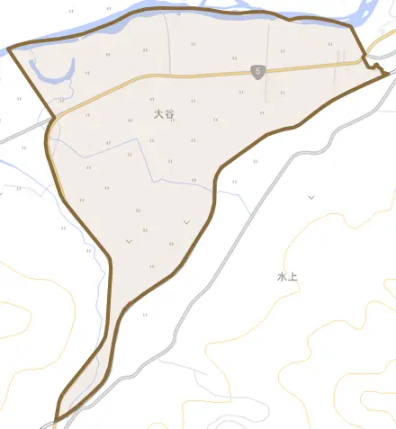 字大谷とその周辺の地図。町の範囲を重ねている