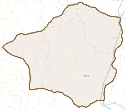 字清水とその周辺の地図。町の範囲を重ねている